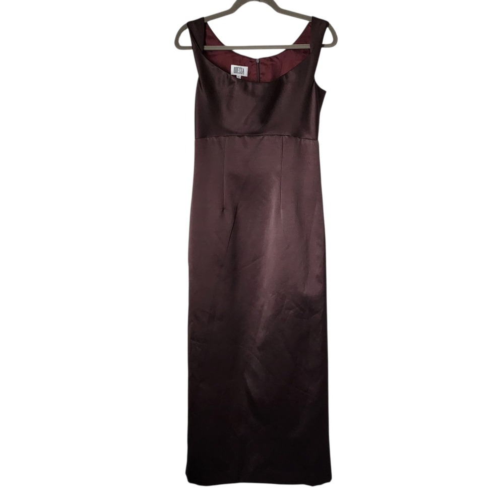 ODESSA Satin column Maxi Dress Brown Square‎ Neck Minimal 90s Formal 6